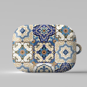 AirPods Case With Keychain, Blue Tile Pattern AirPod Pro 2, 1/2/3 Gen Pro Case With Keychain