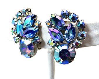 50s Earring Blue Purple Vintage Aurora Borealis Iridescent Rhinestone Clip On 40s 50s 60s Costume Jewelry  80s