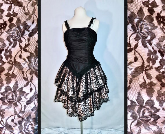 Vintage  1980s Dress Lace Black Pink Cocktail Eve… - image 1