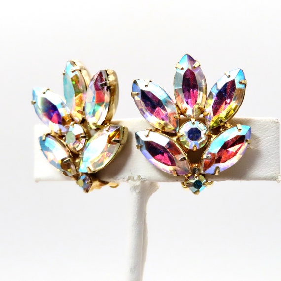 Iridescent Rhinstone Earring Vintage Clip On 40s … - image 4