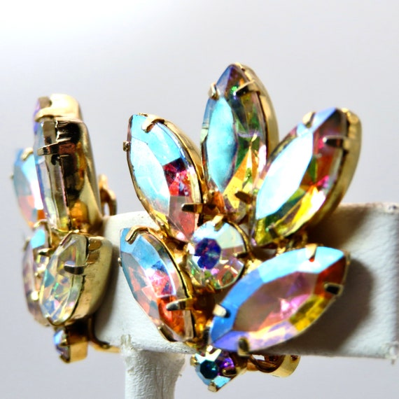 Iridescent Rhinstone Earring Vintage Clip On 40s … - image 2