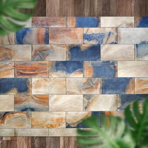 Heaven Runways Marble Tiles Vinyl Mat, Orange Floorcloth Vinyl Mat, Blue Linoleum Floor, Marble Vinyl Area Carpet