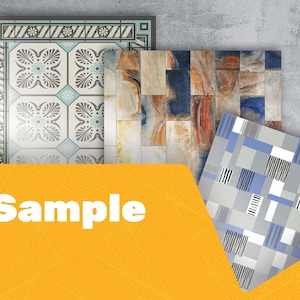 May include: Sample text on a yellow background with a geometric pattern. Three different tile patterns are shown in the background: a blue and white geometric pattern, a brown and blue marble pattern, and a gray and blue geometric pattern.