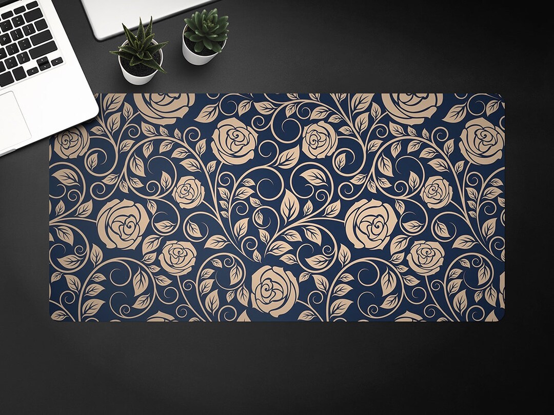 Exclusive Retro Roses Desk Pad, Navy Keyboard Pad, Beige Desktop