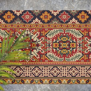 Colorful Caucasian Style Antique Rug Vinyl Rug, Orange Vinyl Runner, Brown Floorcloth Vinyl Mat, Antique Linoleum Floor