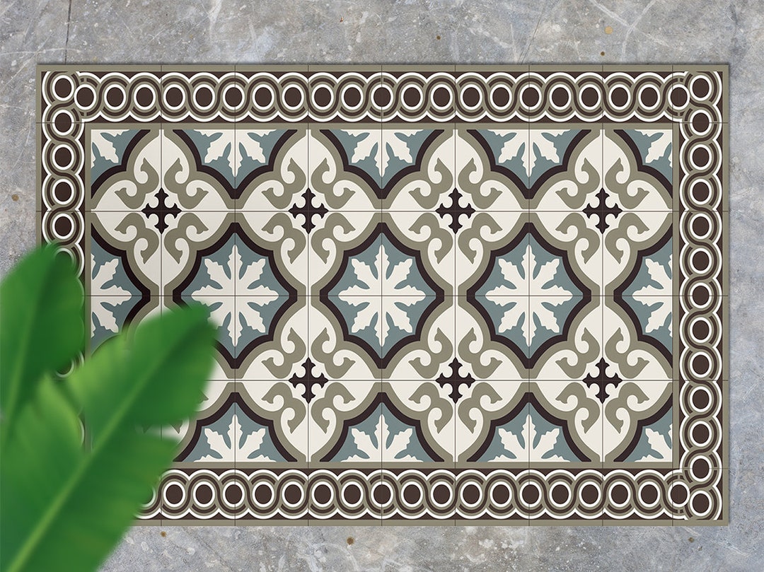 Beige Steel Blue Flower in Chains Frame Outdoor Rug, Beige Outdoor Mat ...