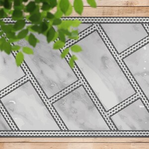 Ornamental Diagonal Tiles Marble Vinyl Mat, Gray Floorcloth Vinyl Mat, White Linoleum Floor, Marble Vinyl Area Carpet