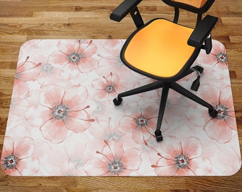 Bright Orange Flowers Chair Mat, Orange Office Vinyl Floor Mat, White Floor Protector Mat, Watercolor Chair Carpet