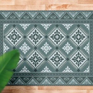 Muster Gothic Glasmalerei Dunkelgrüner Vinyl Teppich, Blauer Vinyl Läufer, Grauer Bodentuch Vinyl Matte, Fliese Linoleum Boden