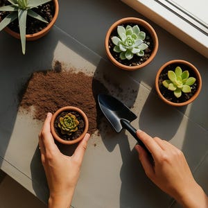 Peut inclure: Vue aérienne de plantes succulentes dans de petits pots en terre cuite, avec une truelle noire et de la terre meuble. Les succulentes sont de différentes nuances de vert, et les pots sont disposés sur une surface grise, suggérant un thème de jardinage.