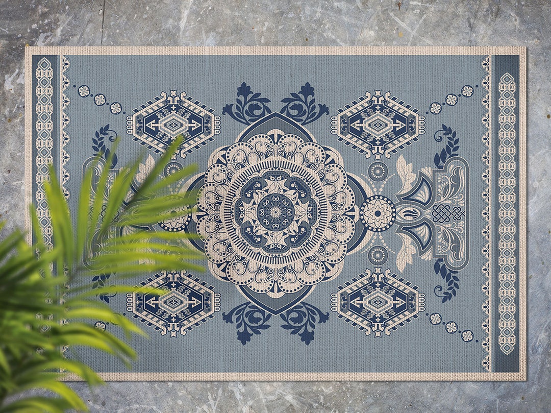 Indian Delicate Pale Blue Rug Border Vinyl Rug Blue Vinyl Etsy