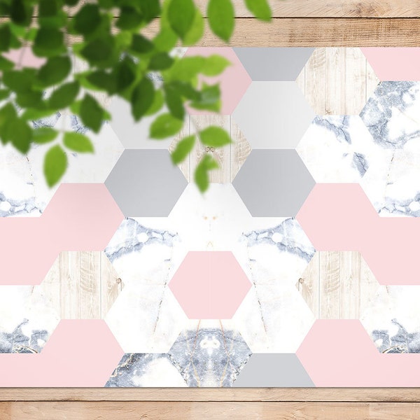 Hexagonal Pink Creamy Blue Marble Tile Vinyl Mat, Gray Floorcloth Vinyl Mat, Pink Linoleum Floor, Geometric Vinyl Area Carpet