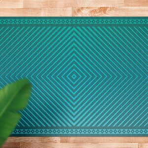 Hypnos Green Vinyl Rug, Blue Vinyl Runner, Turquoise Floorcloth Vinyl Mat, Geometric Linoleum Floor