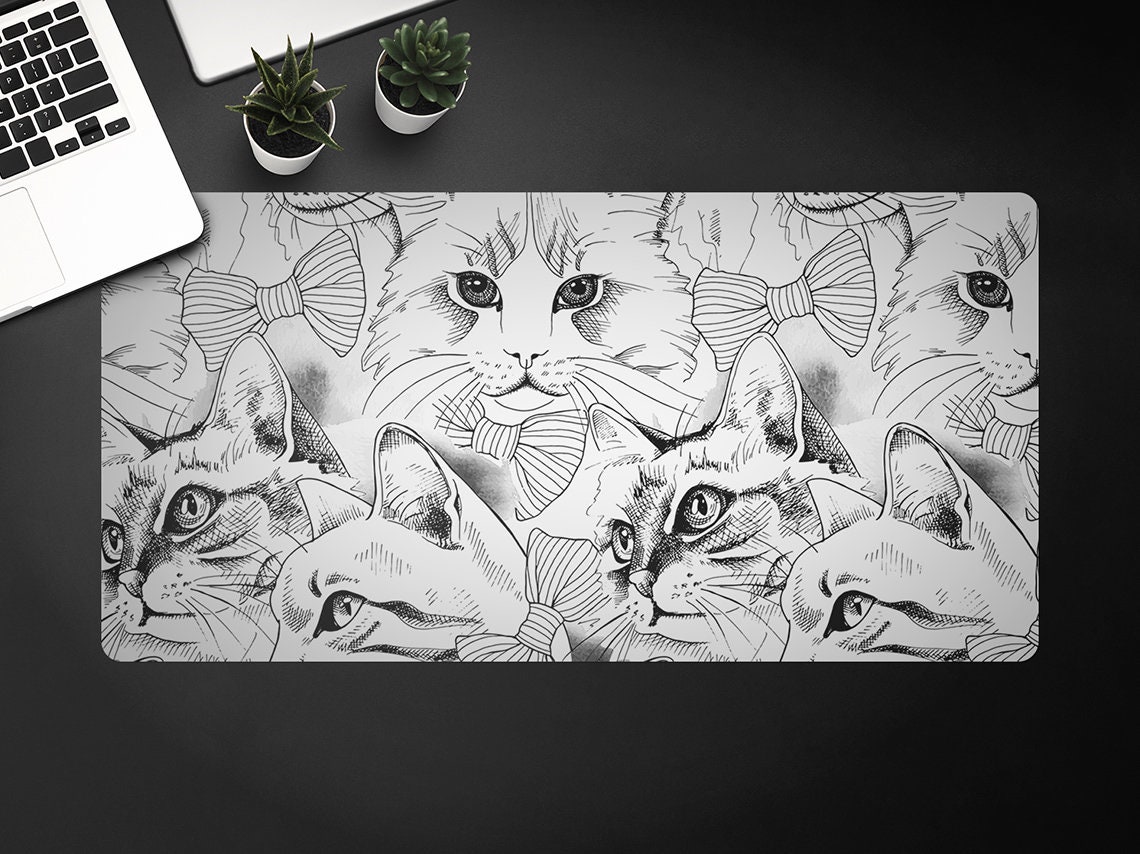 Elegant Cats Desk Pad, Black Keyboard Pad, White Desktop Blotter, Animal Desk Protective Mat