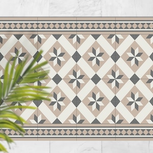 Greek Gray And Cream Pattern With Frame Outdoor Rug, Beige Outdoor Mat For Patio, Gray Vinyl Waterproof Carpet, Tile Area Rug Plastic