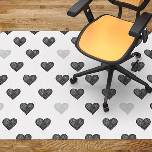 Abstract Hearts Chair Mat Carpet, Gray Glass Chair Mat, Black Office Vinyl Floor Mat, Drawn Floor Protector Mat