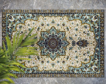 Könnte beinhalten: Ein Teppich mit einem Muster in Teal, Gold und Weiß mit einem floralen Design. Der Teppich hat einen Rand mit einem sich wiederholenden Muster aus Gold, Schwarz und Weiß.