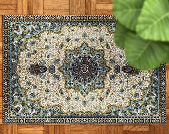 Könnte beinhalten: Ein blauer und weißer Teppich mit Blumenmuster. Der Teppich hat einen goldenen und schwarzen Rand.