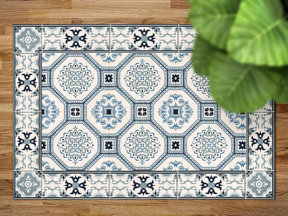 Winter Blauer Fliesenteppich Ornamente Vinylteppich, Blauer Vinyl Läufer, Beigefarbener Bodentuch Vinylmatte, Fliesen Linoleum Boden