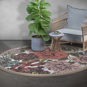 Florina Round Carpet Vinyl, Pink Vinyl Rug, Red Round Mat, Flowery Round Linoleum Area Mat