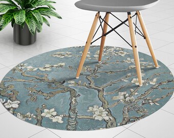 Like A Painted Cherry Blossom Round Chair Mat, Blue Mat Under Chair, Brown Round Chair Protector, Japanese Vinyl Chair Carpet