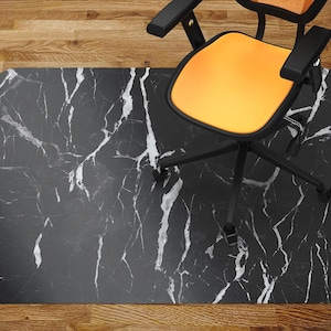 Black Marble Chair Mat, Black Office Vinyl Floor Mat, White Floor Protector Mat, Art Deco Chair Carpet