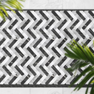 Marble Zig Zag Line In Frame Outdoor Rug, Black Outdoor Mat For Patio, Gray Vinyl Waterproof Carpet, Marble Area Rug Plastic