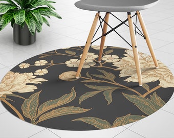 White Peony Round Vinyl Mat, Beige Mat Under Chair, Green Round Chair Protector, Floral Vinyl Chair Carpet