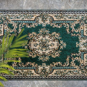 Alfombra tradicional persa de vinilo verde, alfombra de vinilo verde, alfombra de vinilo beige, alfombra clásica de linóleo