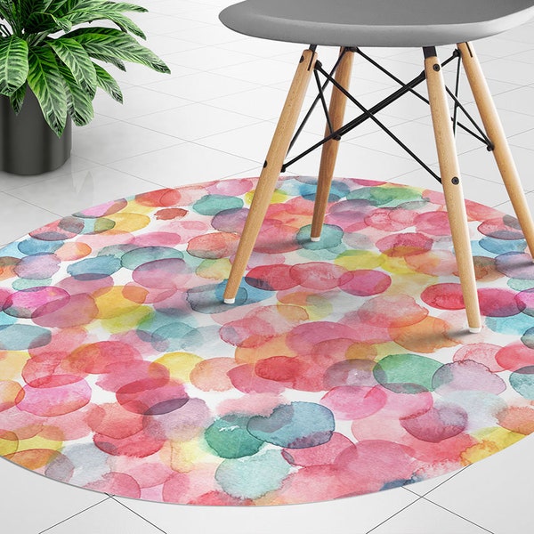 Colorful Bubbles Round Chair Mat, Red Mat Under Chair, Blue Round Chair Protector, Watercolor Vinyl Chair Carpet