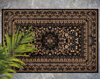 Black And Old Gold Floral Ornament Vinyl Rug, Black Vinyl Runner, Orange Floorcloth Vinyl Mat, Persian Linoleum Floor