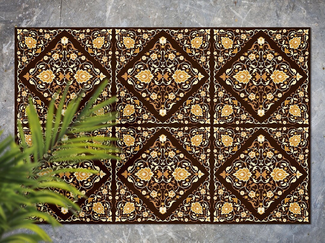 Floral Ornament Eastern Style Carpet Vinyl Mat, Yellow Floorcloth Vinyl ...