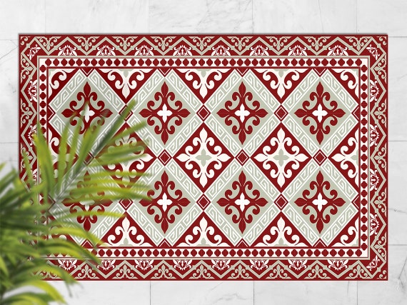Red and White Decoration Frame Outdoor Rug, Red Outdoor Mat for