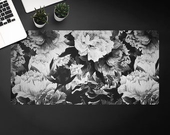 White Black Flowers Desk Pad, Black Keyboard Pad, White Desktop Blotter, Floral Desk Protective Mat