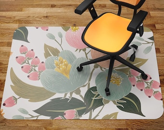 Pink Poppy Retro Large Flowers Print Chair Mat, Green Office Vinyl Floor Mat, Red Floor Protector Mat, Floral Chair Carpet