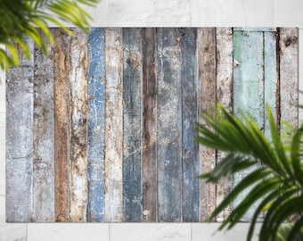 Retro Colored Worn Planks Covered Paint Vinyl Rug, Bronze Vinyl Runner, Blue Floorcloth Vinyl Mat, Wood Linoleum Floor