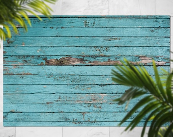 Old Turquoise Boards Wood Vinyl Mat, Brown Floorcloth Vinyl Mat, Blue Linoleum Floor, Wood Vinyl Area Carpet