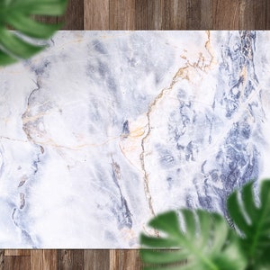 Gray Light Marble Stone Blue Vinyl Mat, Blue Floorcloth Vinyl Mat, Yellow Linoleum Floor, Marble Vinyl Area Carpet