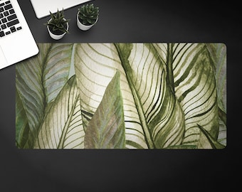 Greenery Leafy Mood Desk Pad, Beige Keyboard Pad, Green Desktop Blotter, Plants Desk Protective Mat