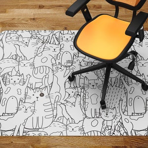 Cute Kitties Chair Mat, Black Office Vinyl Floor Mat, White Floor Protector Mat, Cats Chair Carpet