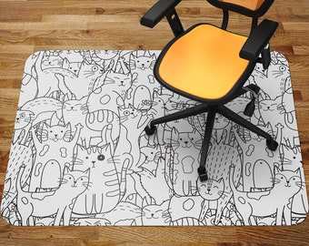 Cute Kitties Chair Mat, Black Office Vinyl Floor Mat, White Floor Protector Mat, Cats Chair Carpet