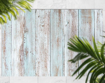 Faded Blue Boards Vinyl Rug, Blue Outdoor Mat For Patio, Bronze Vinyl Waterproof Carpet, Wood Area Rug Plastic