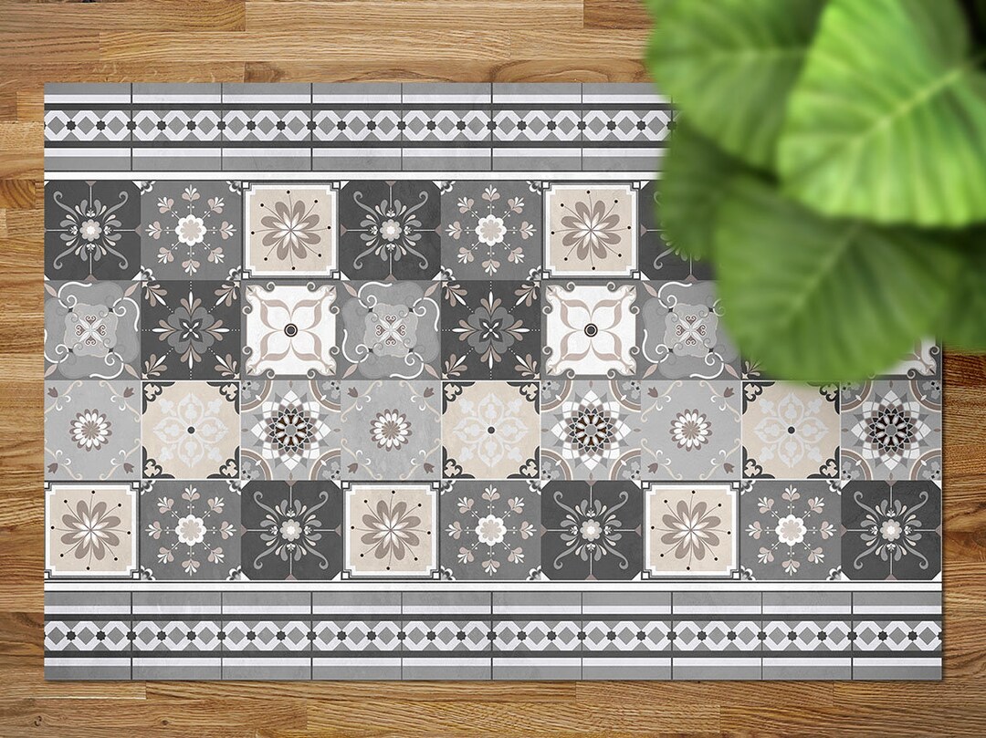 Portugal Rug Gray Shaded Portugal Tiles Rug Vinyl Rug, Gray Vinyl Runner, Beige ...