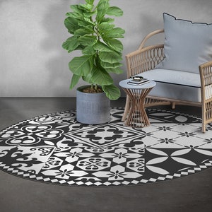 Seia Round Carpet Vinyl, Black Vinyl Rug, White Round Mat, Tile Round Linoleum Area Mat