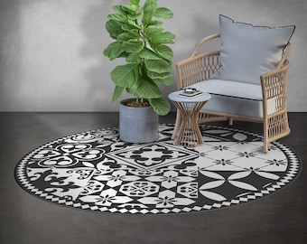 Seia Round Carpet Vinyl, Black Vinyl Rug, White Round Mat, Tile Round Linoleum Area Mat