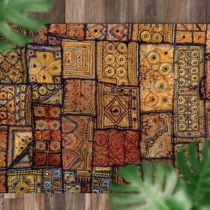 Indian Patchwork In Earth Tones Vinyl Rug, Red Outdoor Mat For Patio, Yellow Vinyl Waterproof Carpet, Eclectic Area Rug Plastic