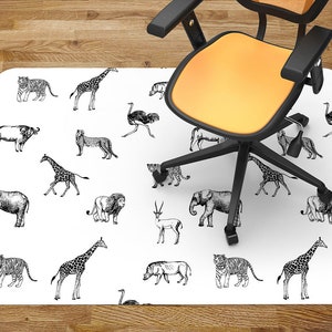 Safari Animals Chair Mat, Black Office Vinyl Floor Mat, White Floor Protector Mat, Fauna Chair Carpet