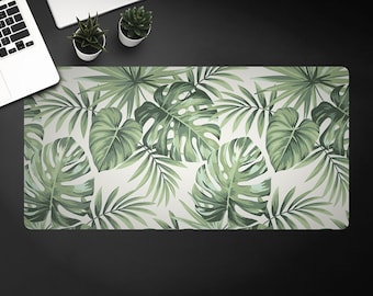 Monstera Leaves Desk Mat, Green Table Protector Accessories, Beige Keyboard Pad, Tropical Desktop Blotter