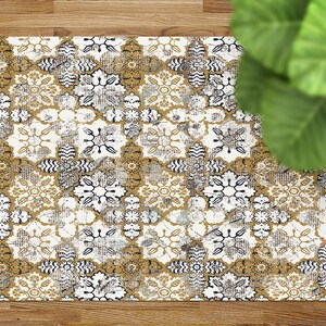 Modern Floral Rug Vinyl Rug, Yellow Vinyl Runner, Gray Floorcloth Vinyl Mat, Floral Linoleum Floor