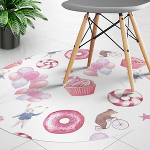 Sweet Cupcakes Round Vinyl Mat, Pink Mat Under Chair, Purple Round Chair Protector, Food Vinyl Chair Carpet